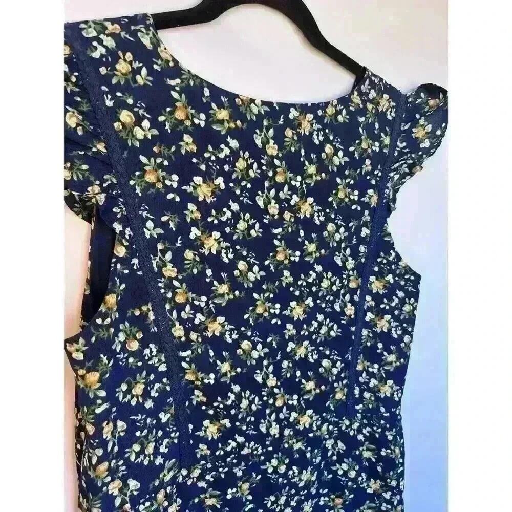 Everly Navy Floral V-Neck Ruffle Flutter Sleeve Button-Front A-line Mini Dress M - Picture 12 of 14